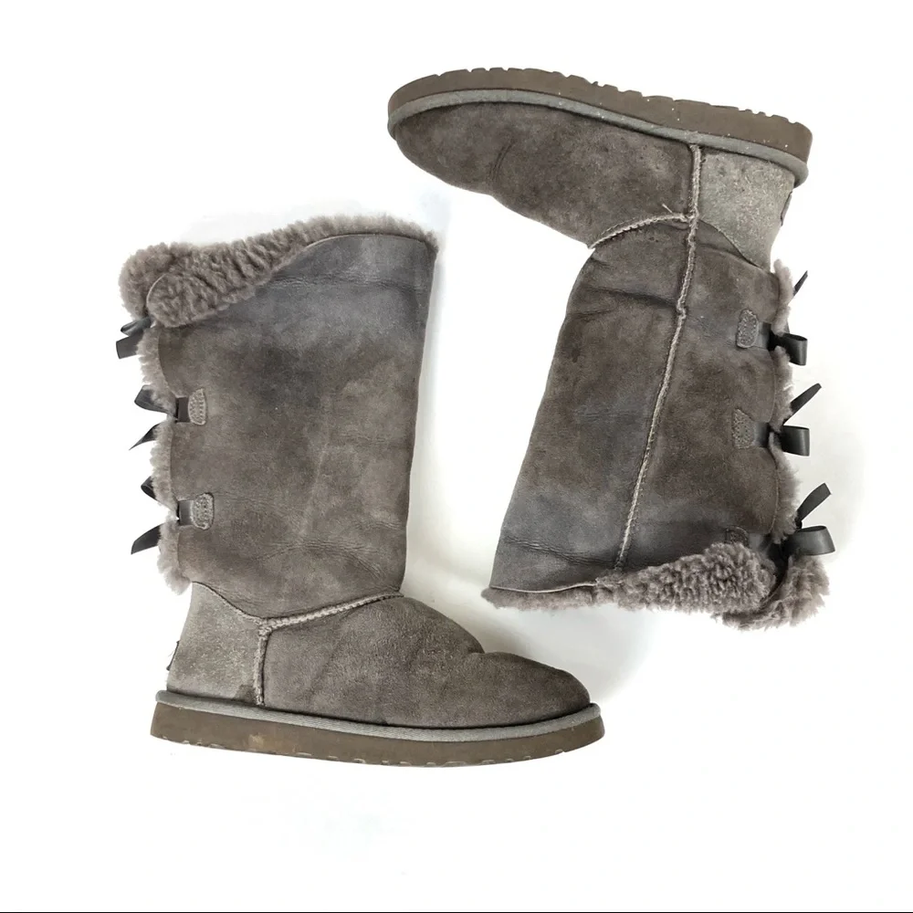 UGG Bailey Bow‎ Gray Genuine Shearling Tall Boots Women’s Sz 7